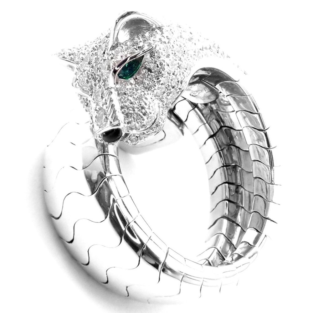 Authentic! Cartier Panther 18k White Gold Diamond Emerald Onyx Band Ring Cert.